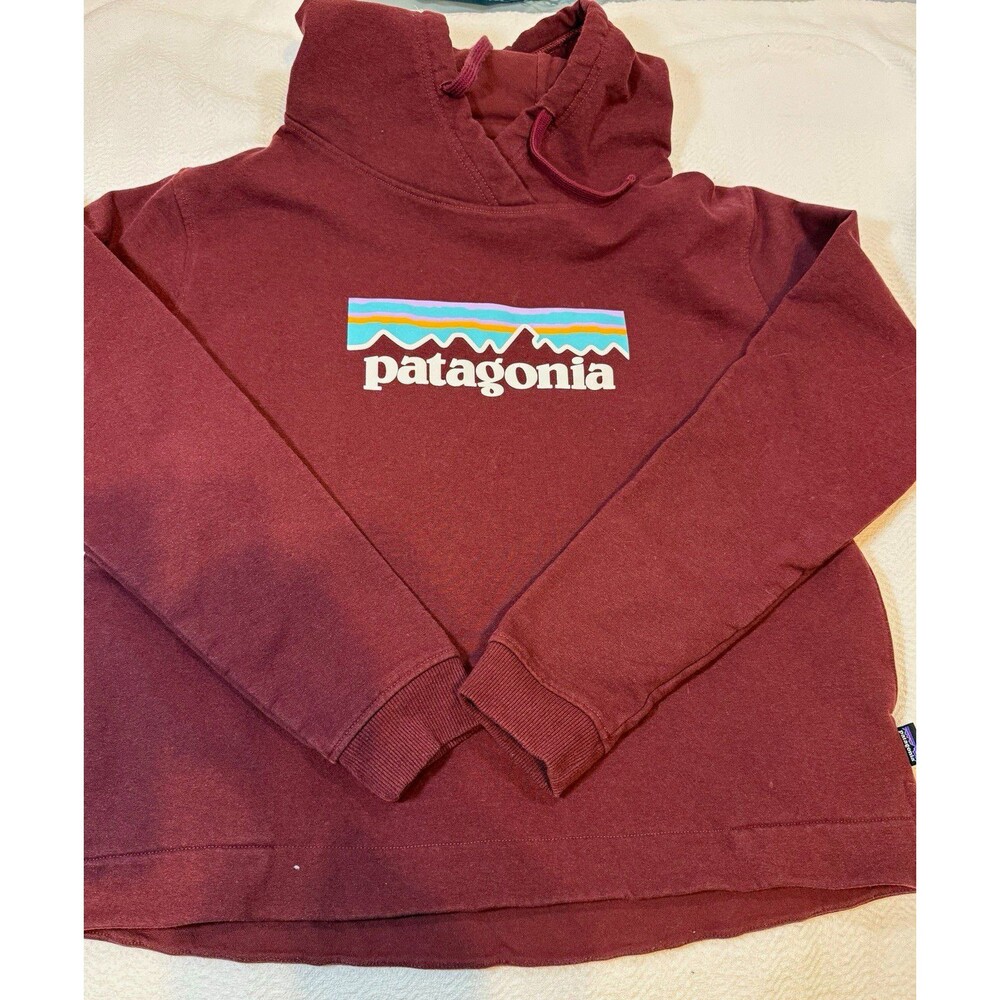 Patagonia Worn Wear Burgundy Pullover Hoodie Logo Graphic Pockets Women's L